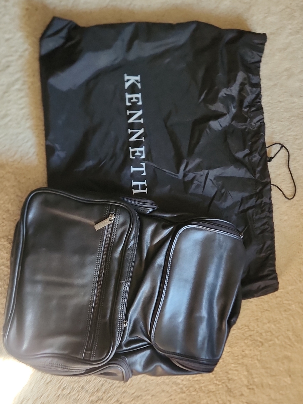 Kenneth Cole Black Leather Front-Pocket Backpack